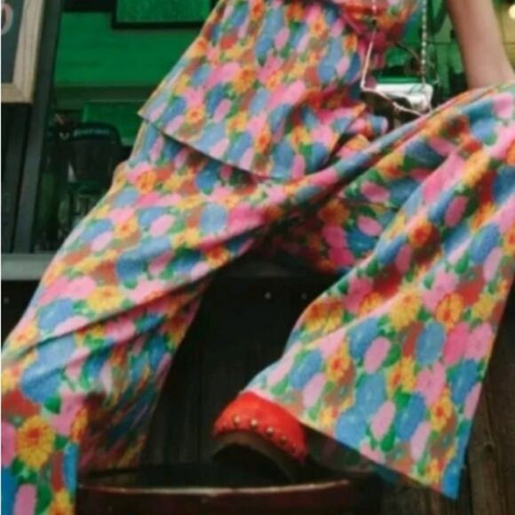 Zara Mod Retro Floral Wide Leg Palazzo Pants size small Pink Green Yellow - Picture 2 of 10